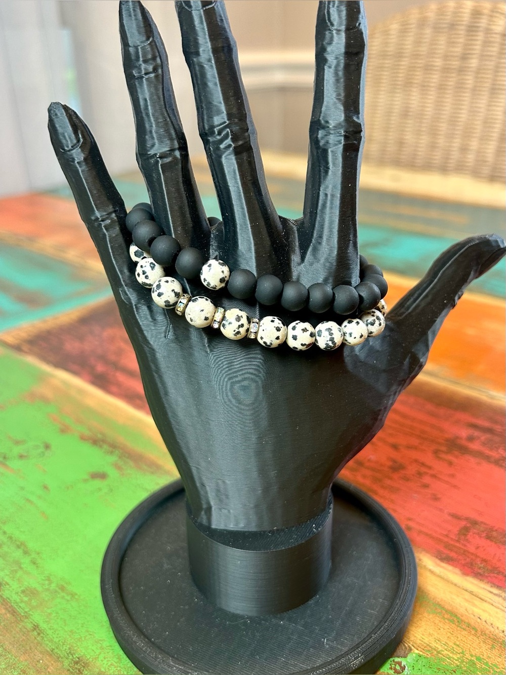 Dalmatian Jasper & Matte Black Onyx Bead Bracelet Stack